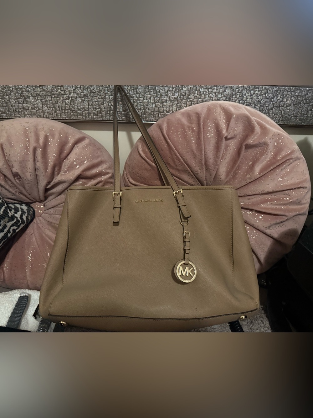 Michael Kors Saffiano Leather Tote in Taupe Brown with Gold Hardware